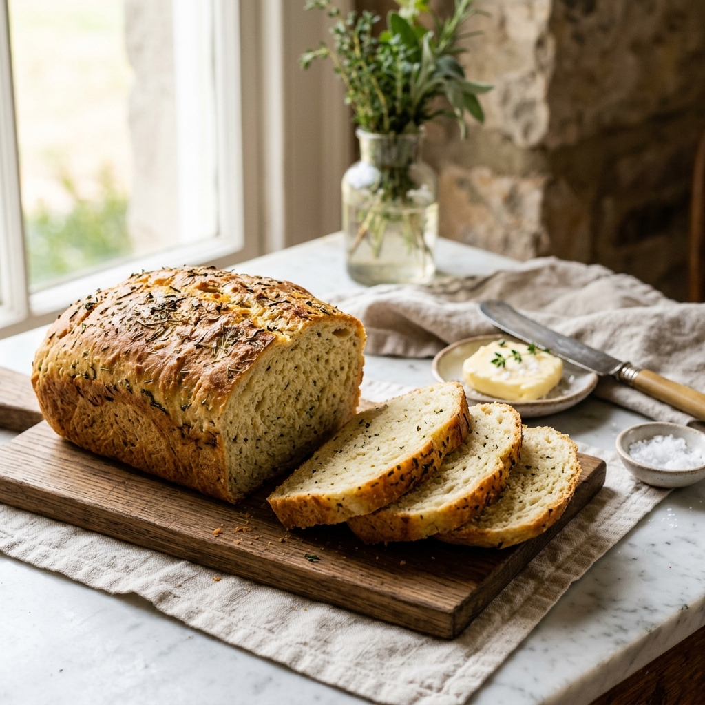 A gorgeous single-view lifestyle photo of a golden Herby Buttermilk Bread loaf on a board with a few slices fanned out to show the crumb, butter and flaky salt beside it.