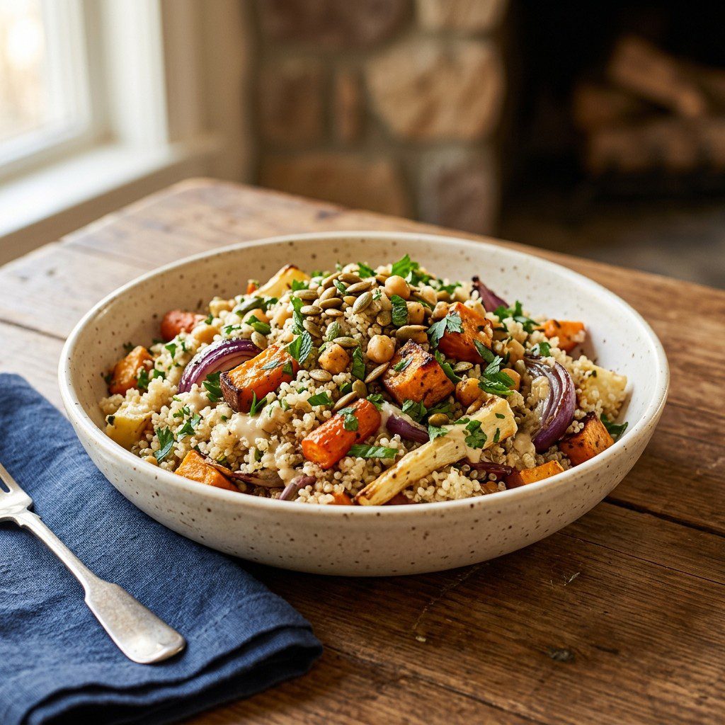 A gorgeous single-view lifestyle photo of Roasted Veggie Salad with Quinoa in a wide ceramic bowl scattered with basil and pine nuts.