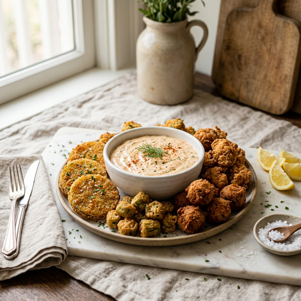 A gorgeous single-view lifestyle photo of Sweet and Spicy Dipping Sauce in a small bowl at the center of a platter of golden fried food.