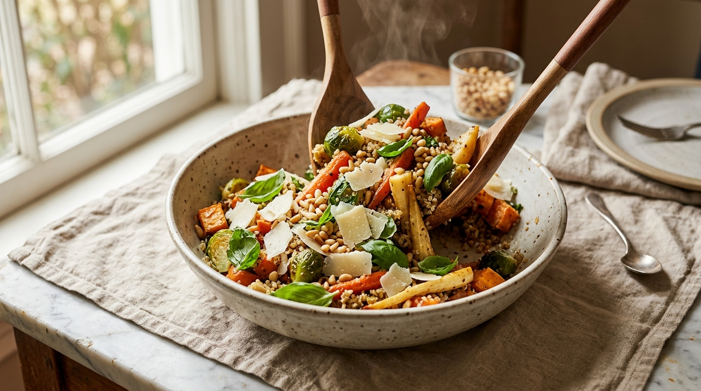Close-up of golden roasted vegetables and quinoa being tossed with fresh basil, shaved Parmesan, and toasted pine nuts in a large bowl
