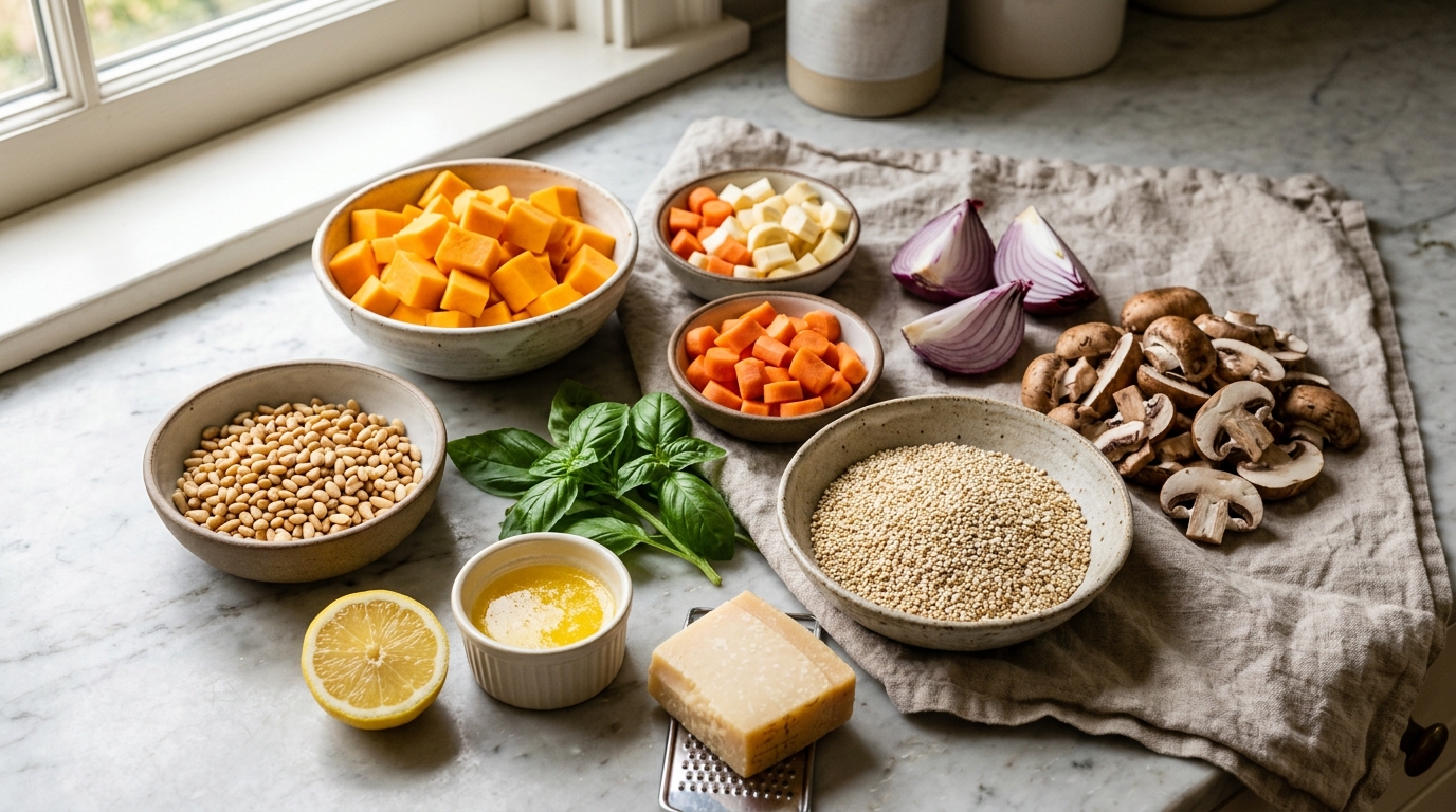 Overhead prep flat-lay of cubed butternut squash, carrot and parsnip pieces, red onion wedges, baby portobellos, uncooked quinoa, fresh basil, a wedge of Parmesan, pine nuts, melted butter, and a halved lemon on marble