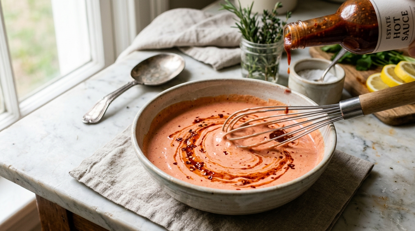 Close-up of hot sauce being stirred into a creamy pink-orange dipping sauce, a swirl forming