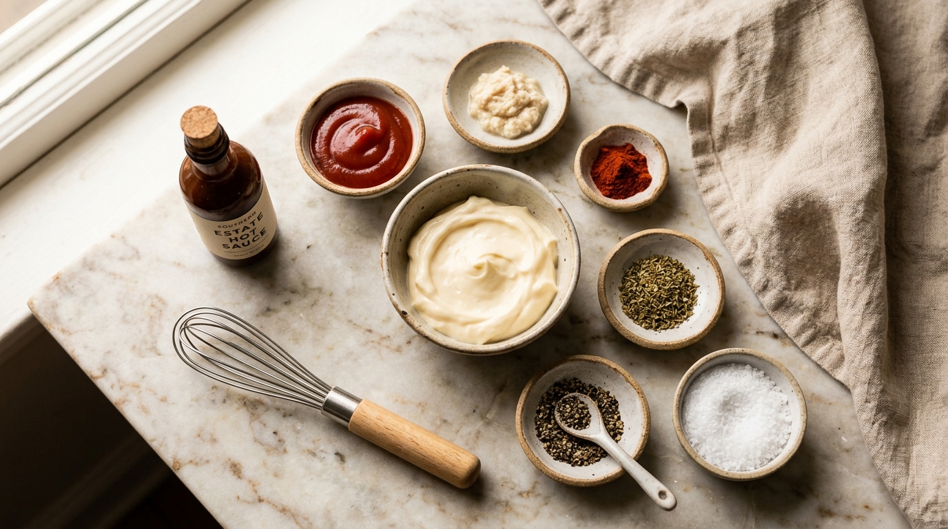Overhead prep flat-lay of a bowl of mayonnaise and small dishes of ketchup, prepared horseradish, paprika, ground oregano, salt, pepper, and a bottle of hot sauce with a whisk on marble