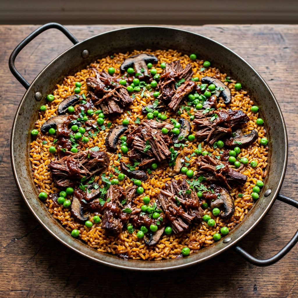 Overhead view of Chili Roasted Short Rib Paella