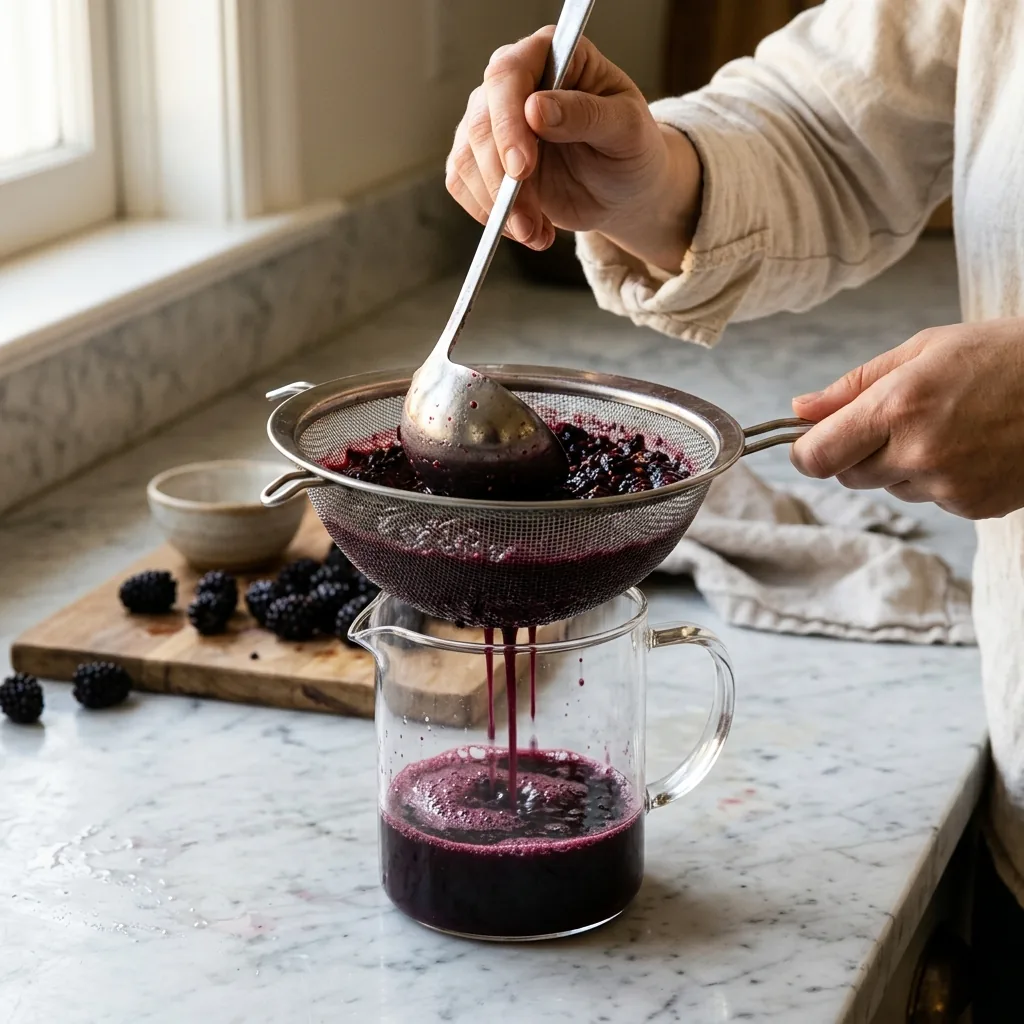 Cooked blackberry purée being pressed through a fine-mesh sieve into a glass pitcher to remove the seeds