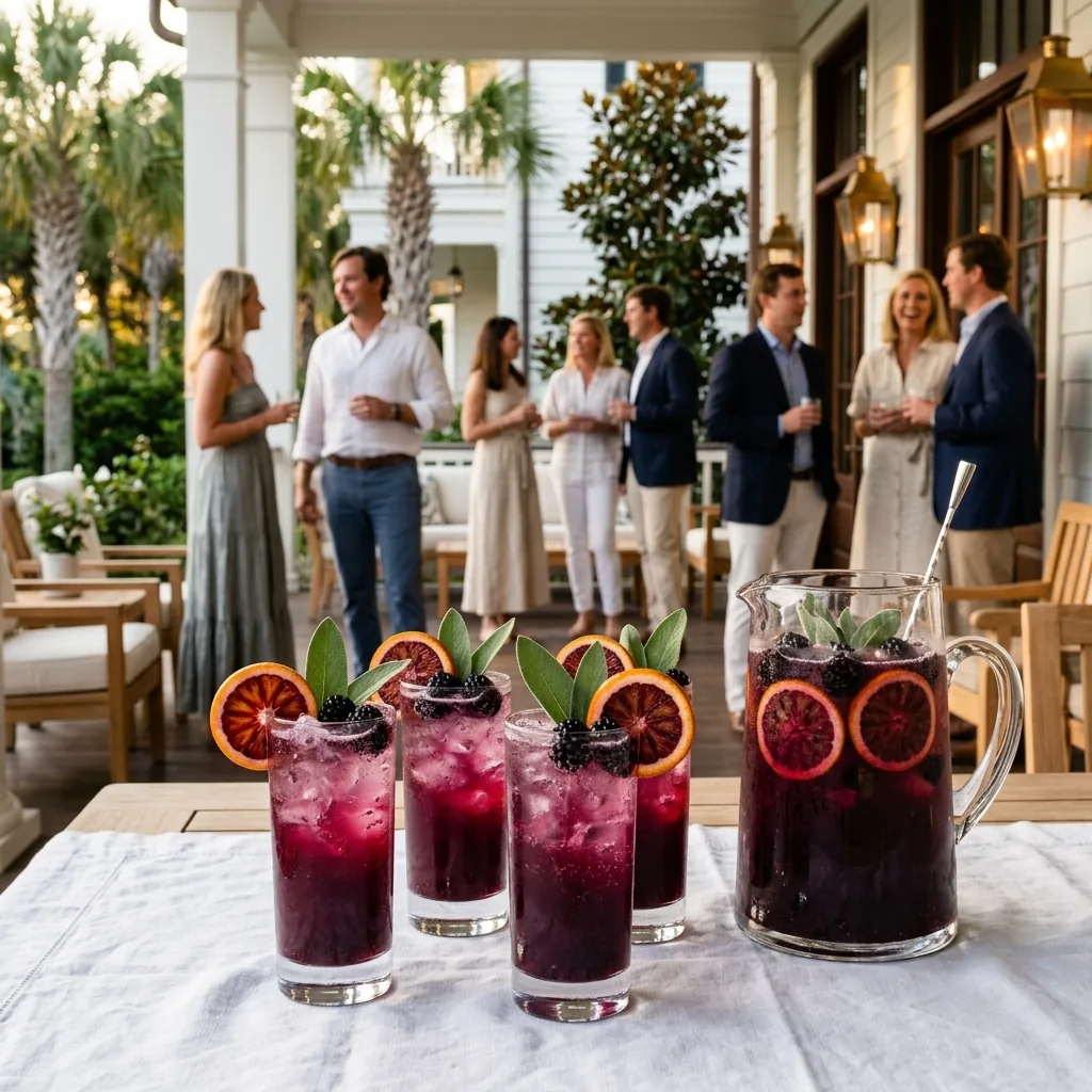 Jewel-toned Blackberry Sage Fizz glasses and a garnished pitcher on an estate patio table at dusk, guests behind