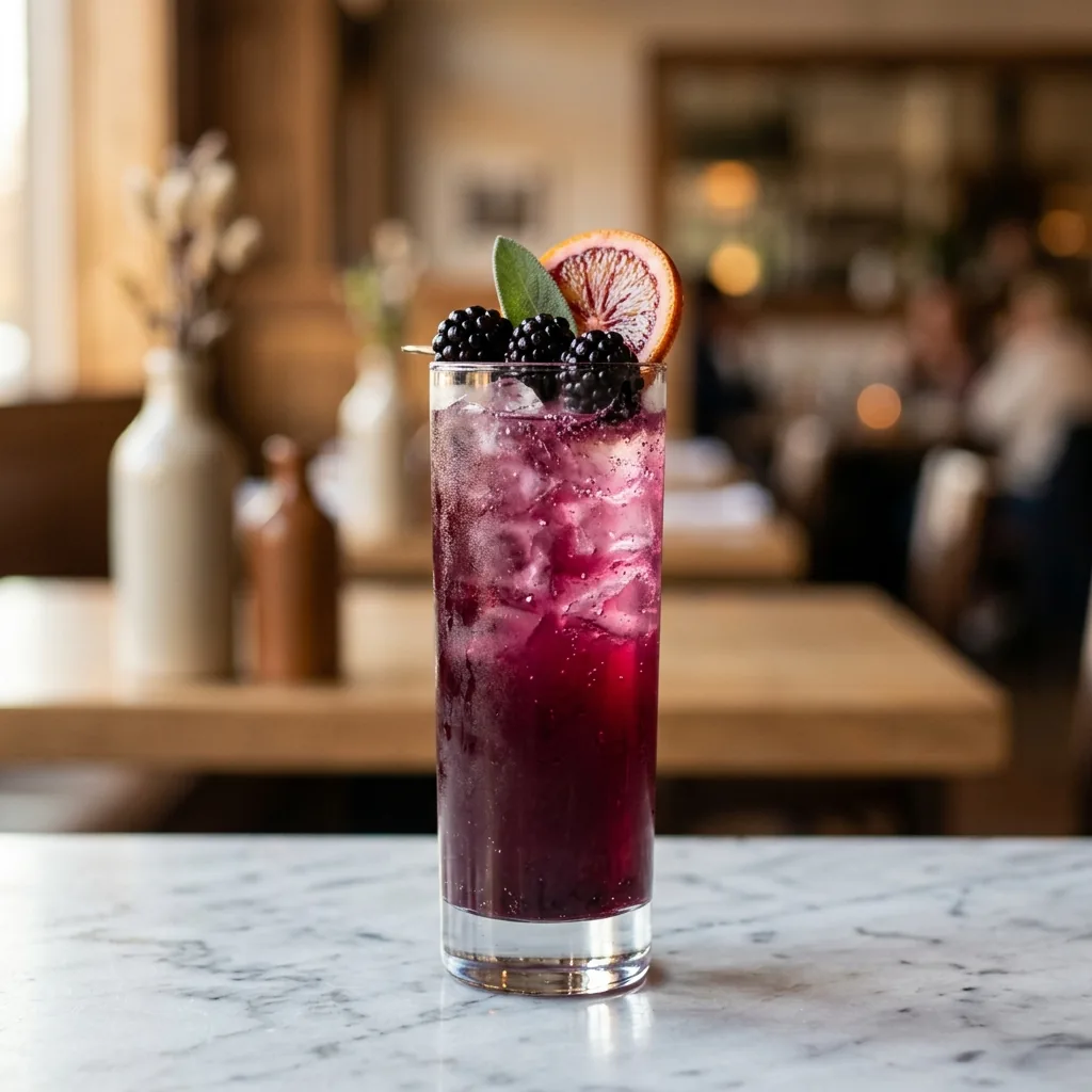 A Collins glass of deep purple Blackberry Sage Fizz over ice with blackberries, a sage leaf, and a blood orange wheel