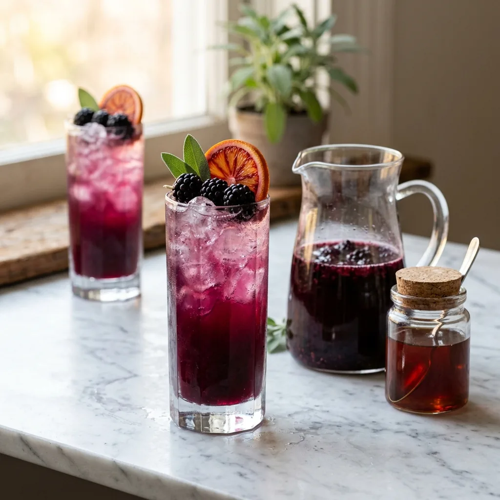 Two glasses of Blackberry Sage Fizz beside a pitcher, garnished with blackberries, sage, and blood orange slices