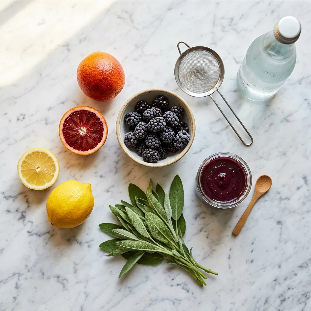Blackberry Sage Fizz ingredients on marble: fresh blackberries, blood oranges, lemons, sage sprigs, and sparkling water