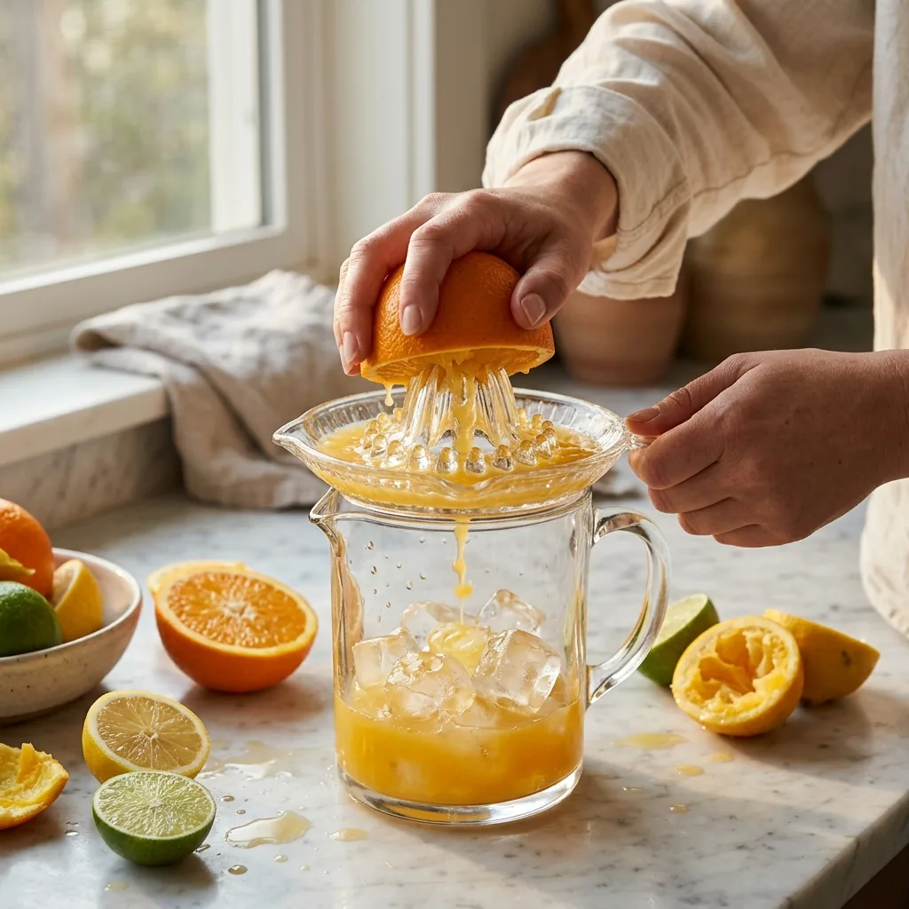Fresh citrus being squeezed into a pitcher of ice beside halved oranges, lemons, and limes