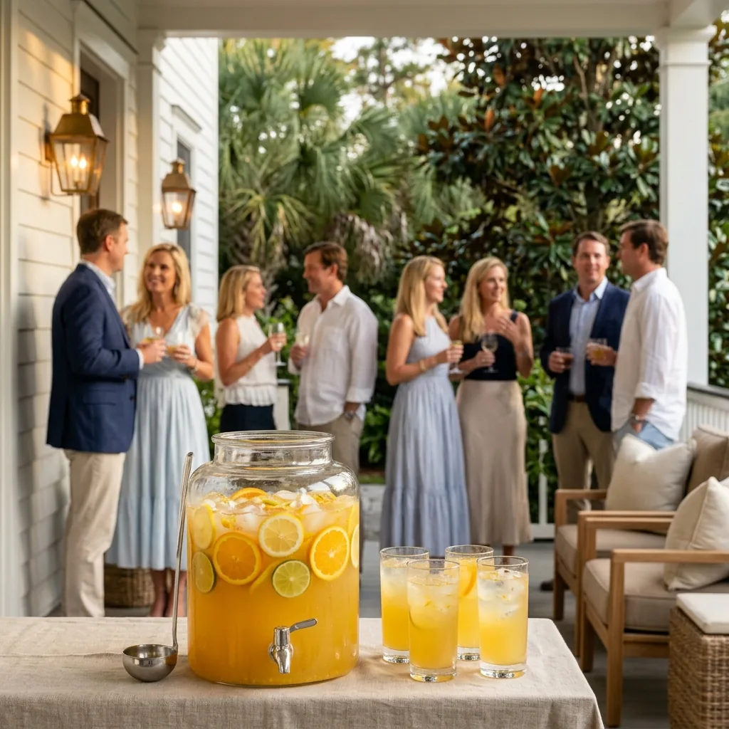 A glass dispenser of Citrus Orchard Refresher and filled highballs on an estate terrace, guests gathered behind