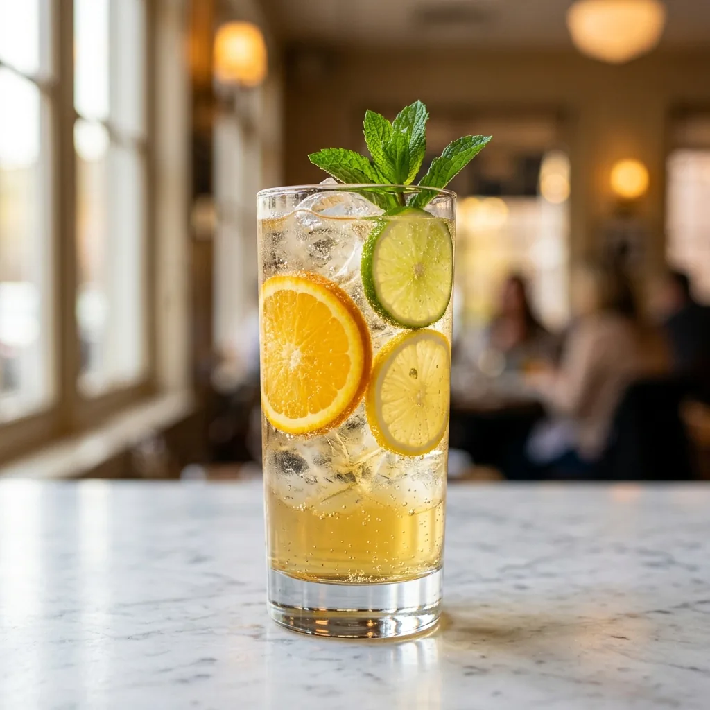 A highball of Citrus Orchard Refresher over ice with orange, lemon, and lime wheels and a mint sprig