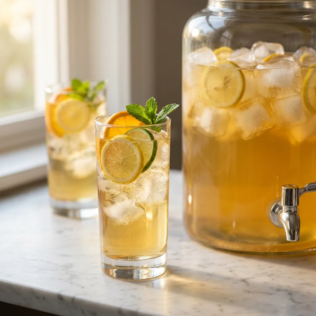 Two highballs of Citrus Orchard Refresher beside a glass dispenser with citrus-studded ice cubes