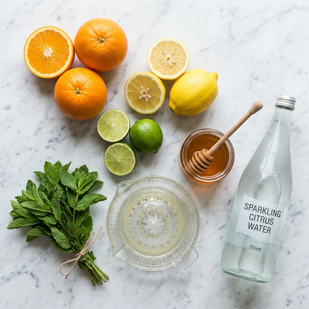 Citrus Orchard Refresher ingredients on marble: oranges, lemons, limes, a jar of honey, mint, and sparkling citrus water