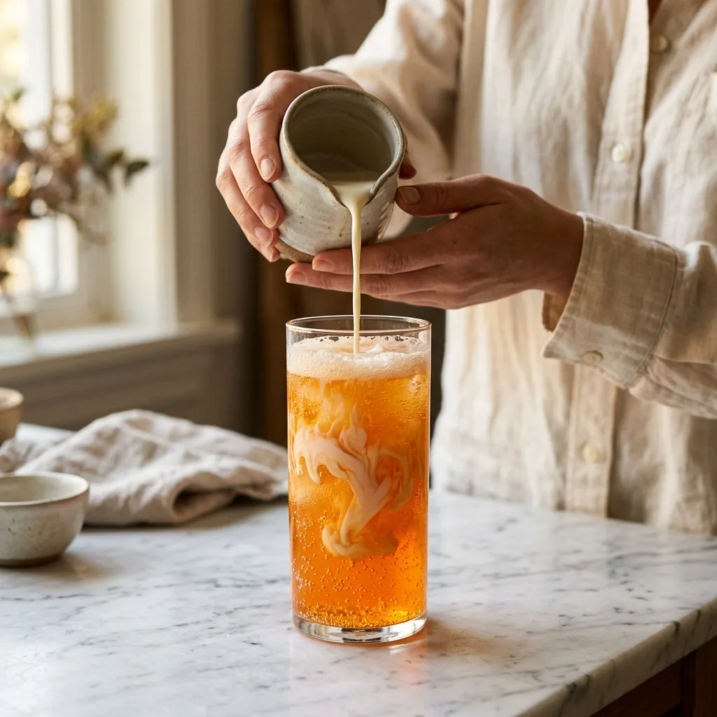Cold half-and-half being poured slowly into a glass of sparkling orange base, swirling down through the bubbles