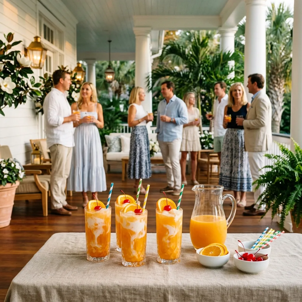 Tall Creamsicle Fizz glasses with cream swirls on a sunlit estate table set for a summer party, guests behind
