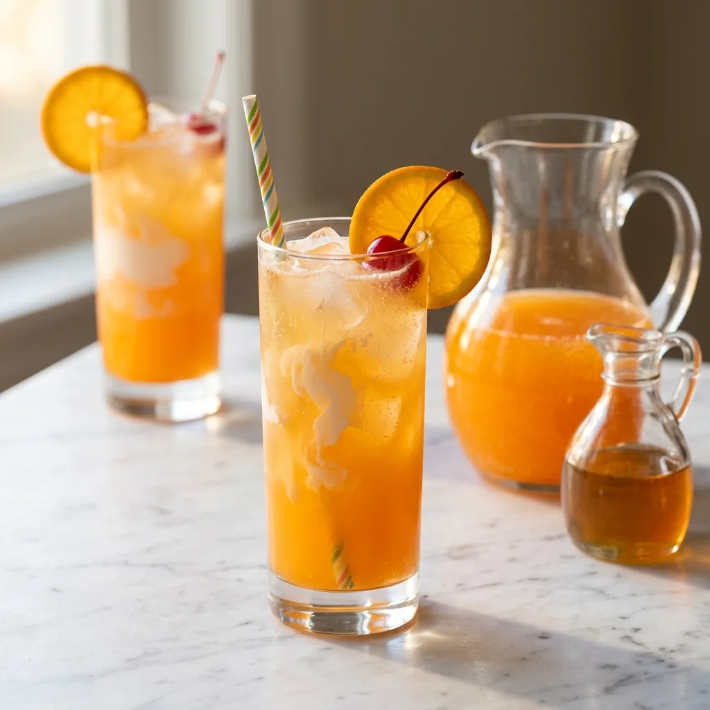 Two tall Creamsicle Fizz glasses with drifting cream swirls beside a pitcher of orange base and a cruet of vanilla syrup