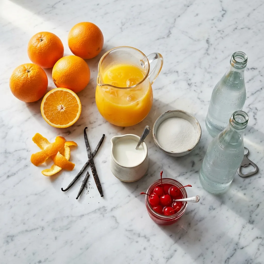 Creamsicle Fizz ingredients on marble: fresh oranges, sugar, a vanilla bean, half-and-half, and sparkling water