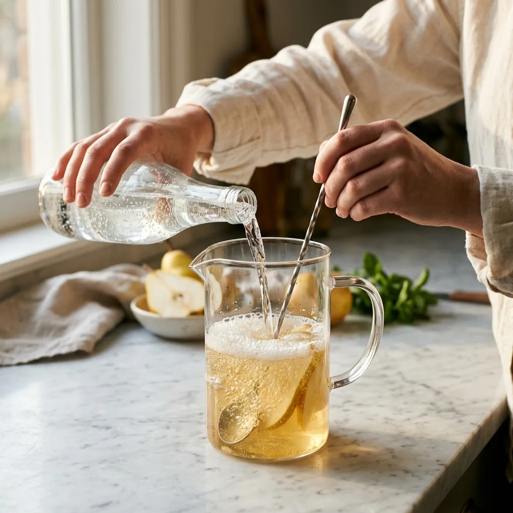 Chilled sparkling water being stirred gently into a pitcher of pear nectar and honey syrup with a bar spoon