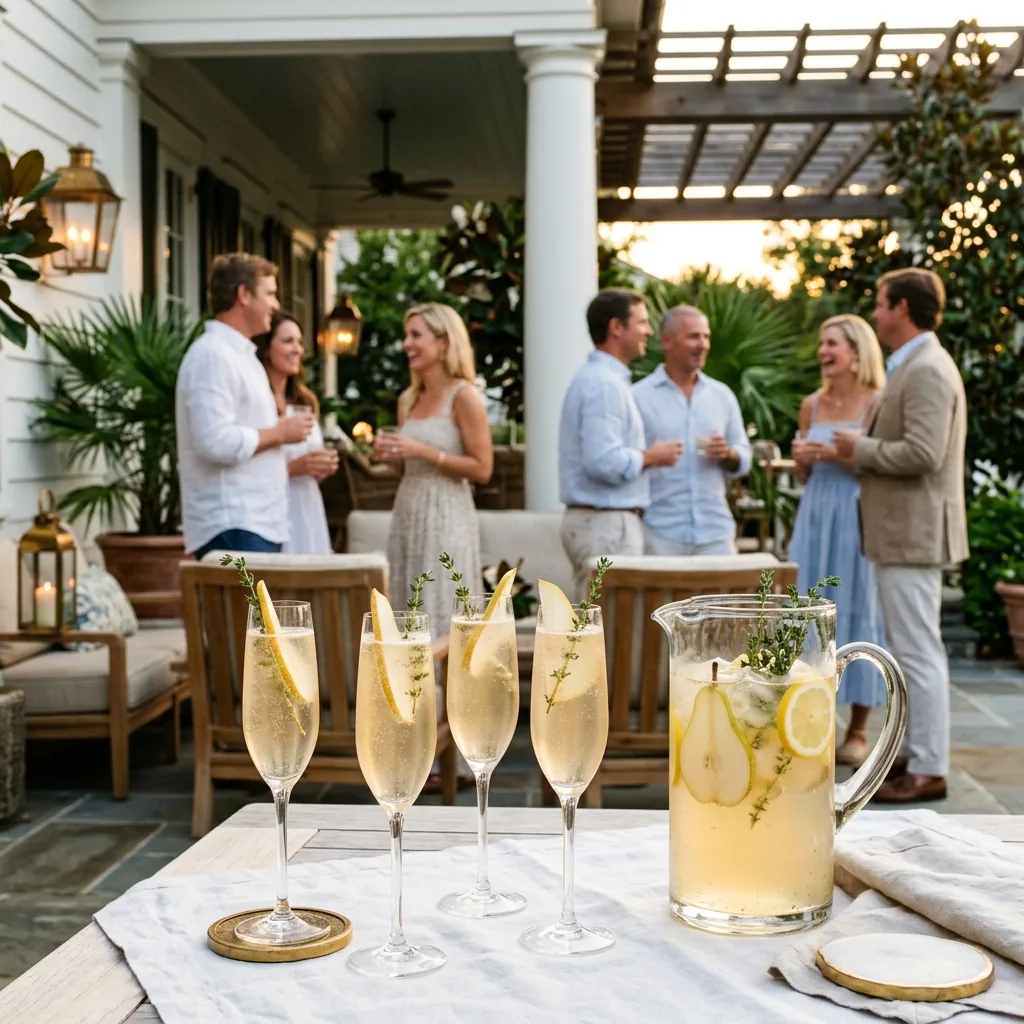 Honey Pear Sparklers in Champagne flutes with pear slices and thyme on an estate terrace table, guests gathered behind