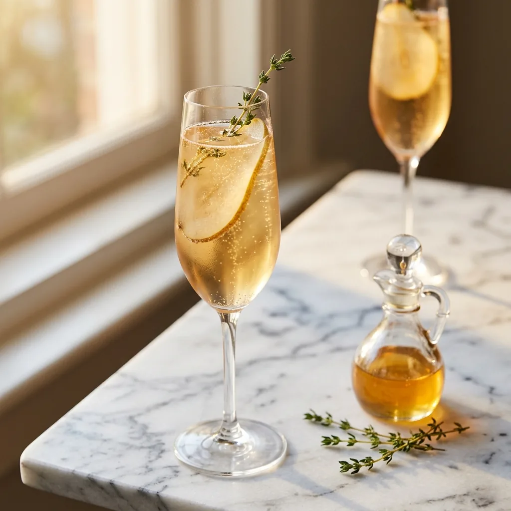 Two flutes of Honey Pear Sparkler with a cruet of honey syrup and thyme sprigs on white marble