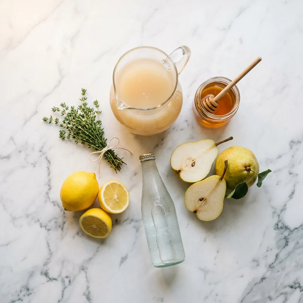 Honey Pear Sparkler ingredients on marble: pear nectar, a jar of honey, fresh lemons, thyme sprigs, and sparkling water