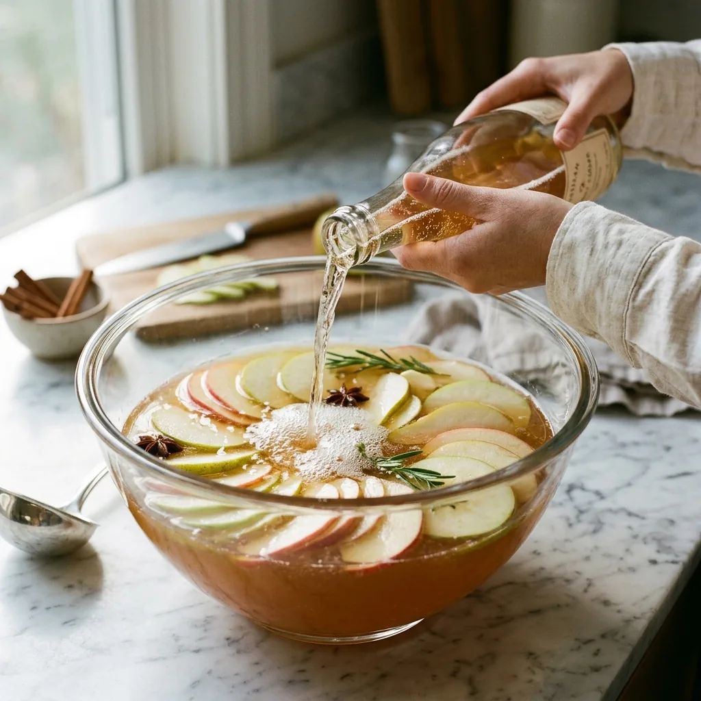 Sparkling apple cider being poured down the side of a punch bowl filled with chilled cider and pear nectar base