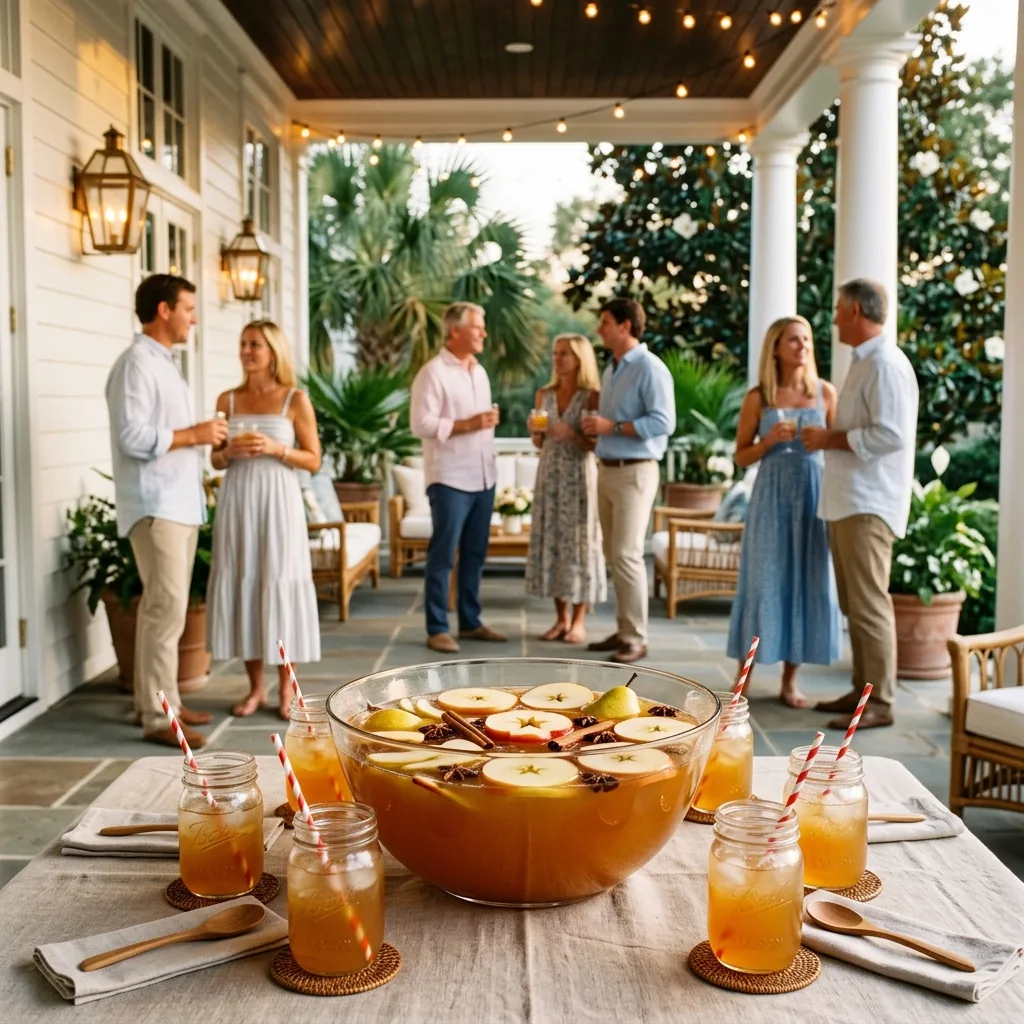A harvest punch bowl of Johnny Appleseed Punch and filled mason jars on an estate table, guests gathered behind