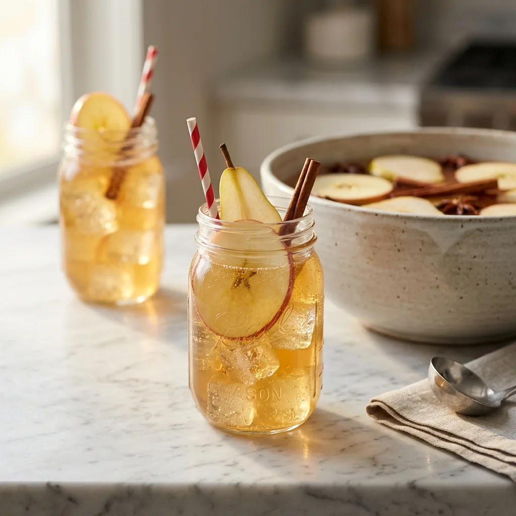 Two mason jars of Johnny Appleseed Punch beside a harvest punch bowl with floating apple and pear slices
