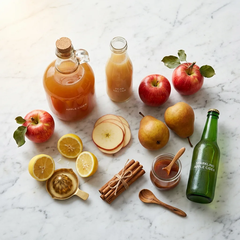 Johnny Appleseed Punch ingredients on marble: apple cider, pear nectar, lemons, cinnamon sticks, and sparkling cider