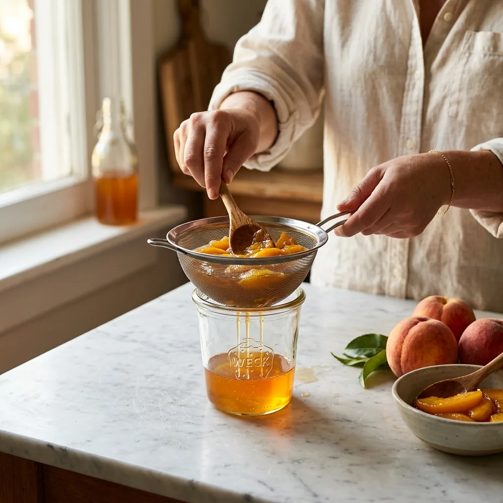 Peach simple syrup being strained through a fine-mesh sieve, pressing softened peach slices to extract the juices