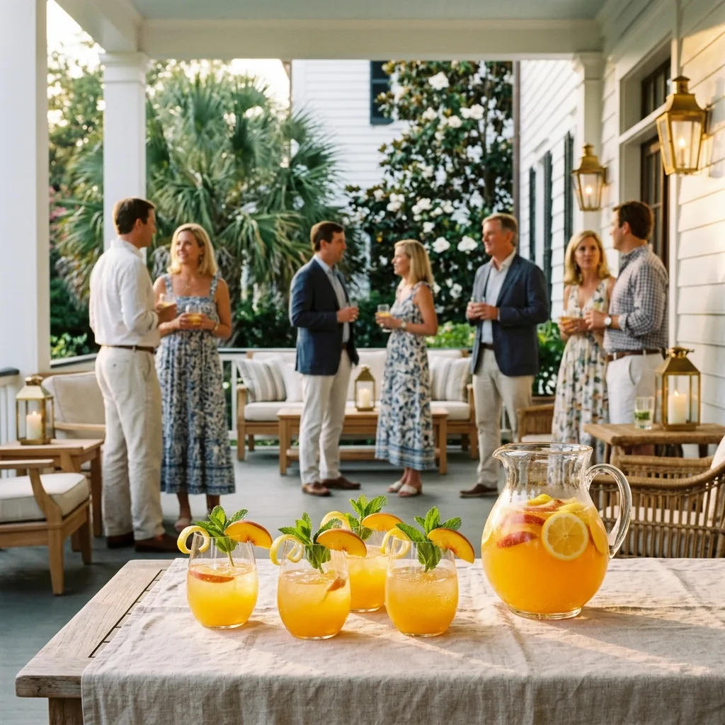 Golden Peach Sparklers on a linen-draped estate terrace table in summer evening light, guests gathered behind