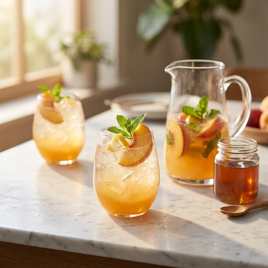 Two golden Peach Sparklers beside a pitcher with floating peach slices, lemon wheels, and fresh mint
