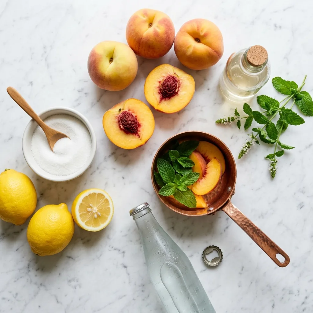 Peach Sparkler ingredients on marble: ripe summer peaches, peach nectar, lemons, sugar, and sparkling water