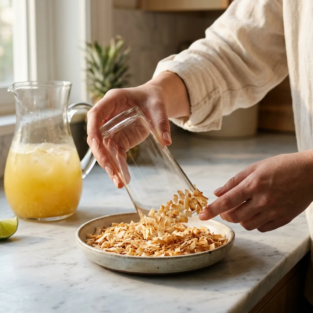 A glass rim being dipped into toasted coconut flakes beside a pitcher of pineapple, coconut water, and mint base