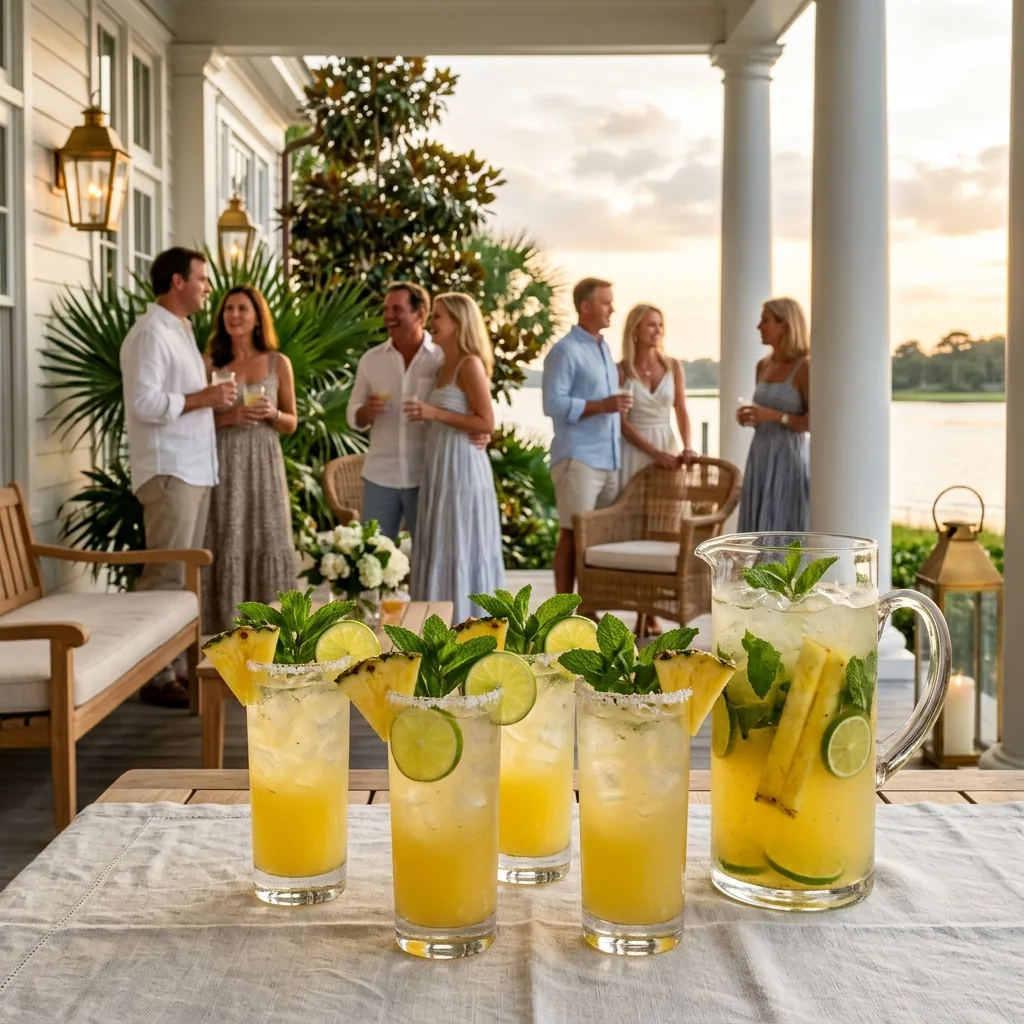 Tall Pineapple Mint Coolers with coconut rims on a poolside estate table in bright sun, guests gathered behind