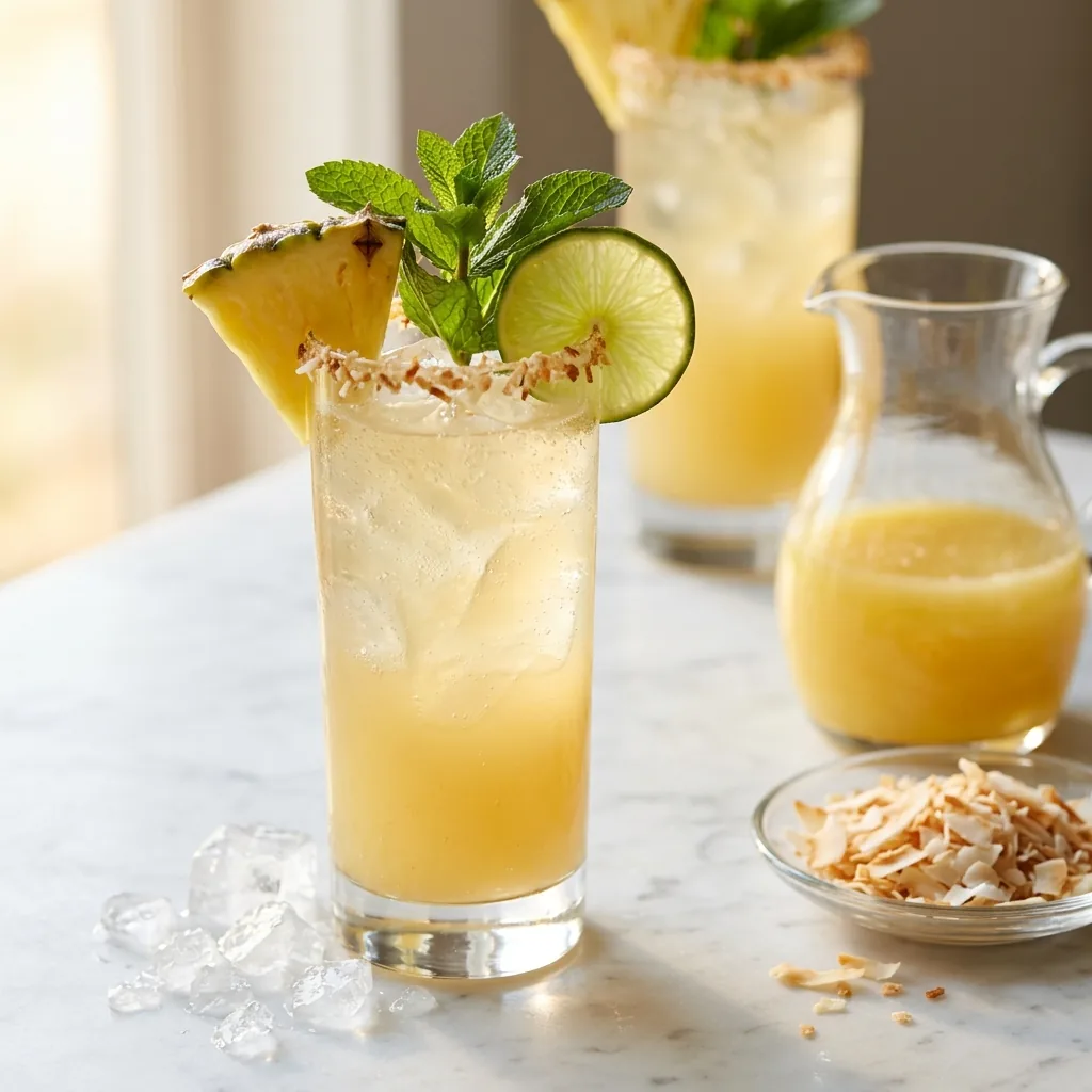 Two Pineapple Mint Coolers with coconut-rimmed glasses beside a pitcher garnished with pineapple spears and mint