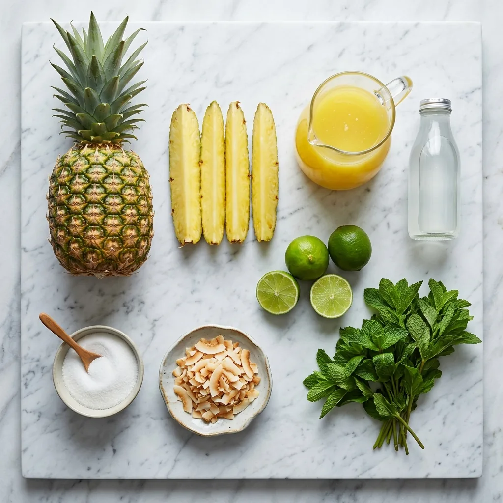 Pineapple Mint Cooler ingredients on marble: fresh pineapple, coconut water, limes, mint leaves, and toasted coconut flakes