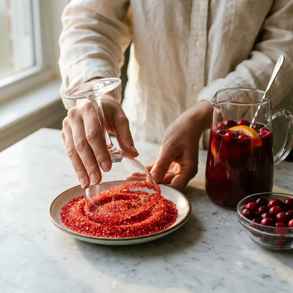 A glass rim being pressed into a saucer of red decorating sugar beside a pitcher of cranberry and orange base