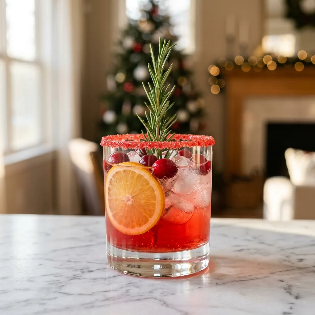 A red-sugar-rimmed glass of Rudolph's Red Nose Fizz with floating cranberries, an orange wheel, and a rosemary sprig