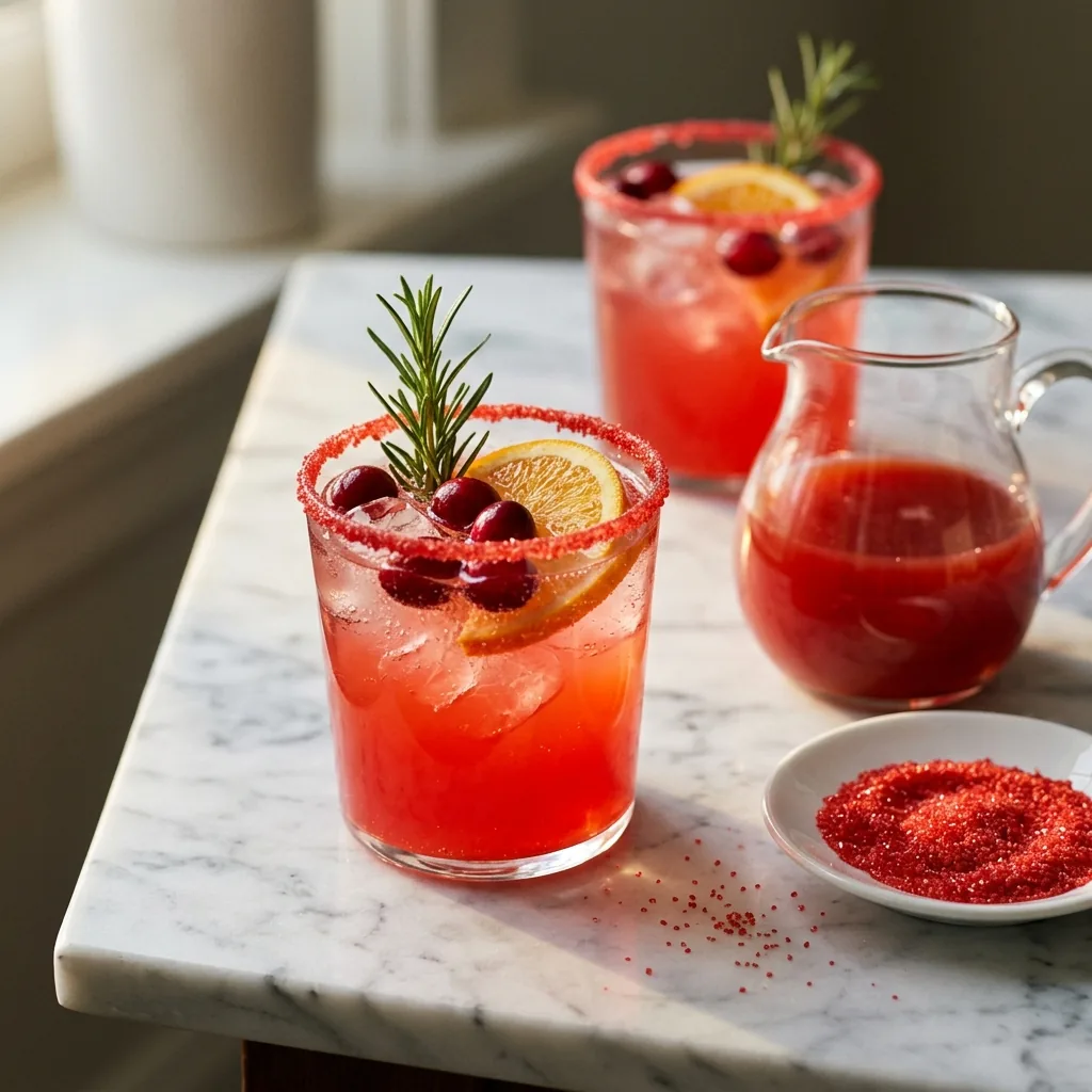 Two red-rimmed glasses of Rudolph's Red Nose Fizz beside a pitcher garnished with cranberries and rosemary