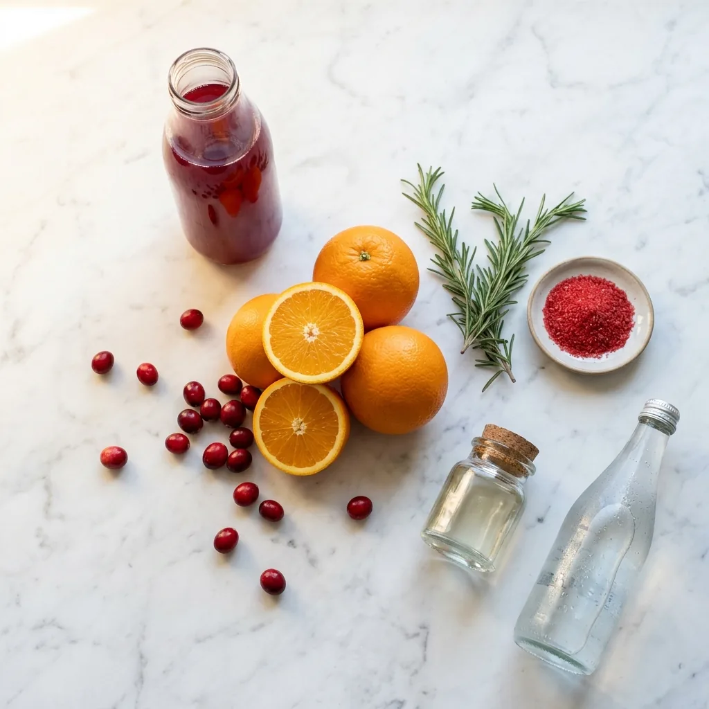Rudolph's Red Nose Fizz ingredients on marble: cranberry juice, fresh oranges, rosemary sprigs, red sugar, and sparkling water