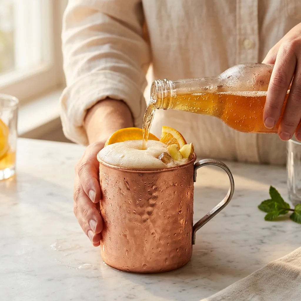 Spicy ginger beer being poured into a frosted copper mug filled with ice and fresh orange and lime base
