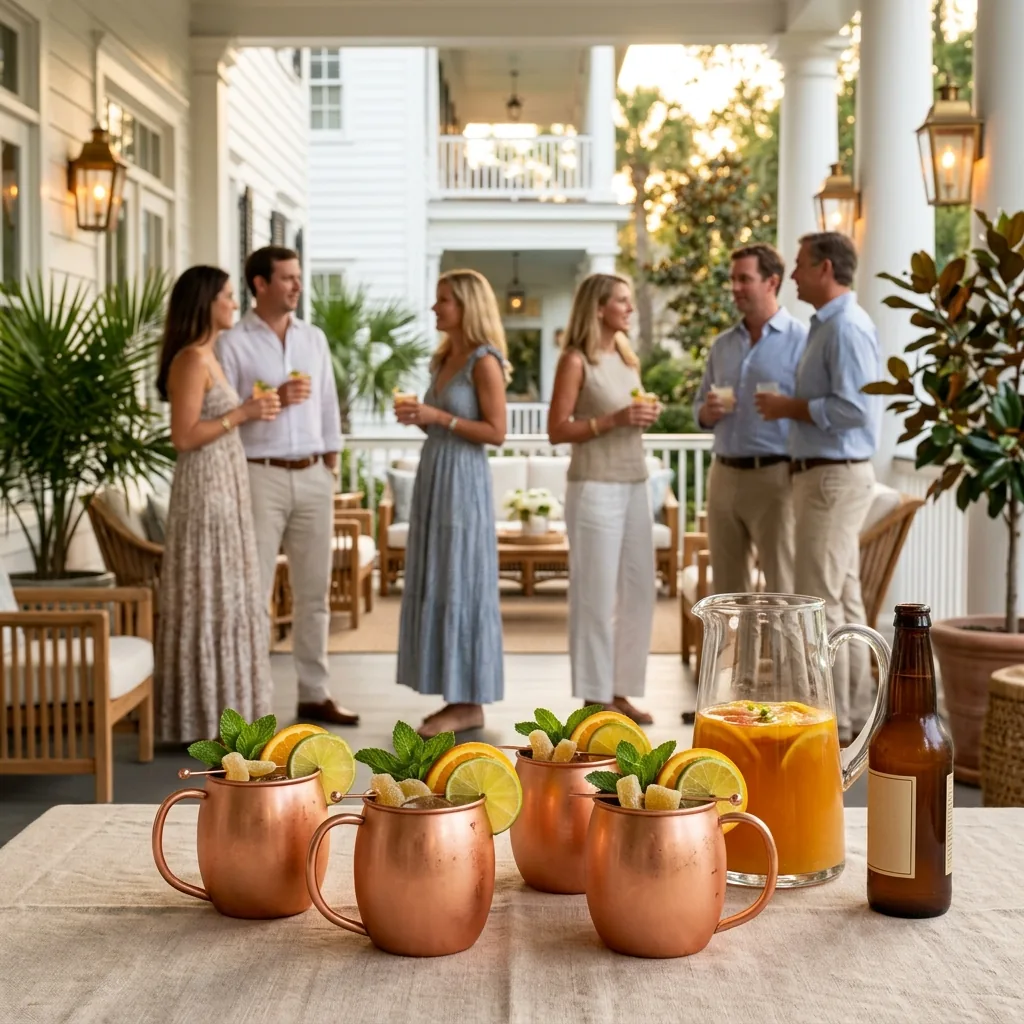 Frosted copper mugs of Spiced Orange Mule on an estate table set for a hearty dinner, guests gathered behind
