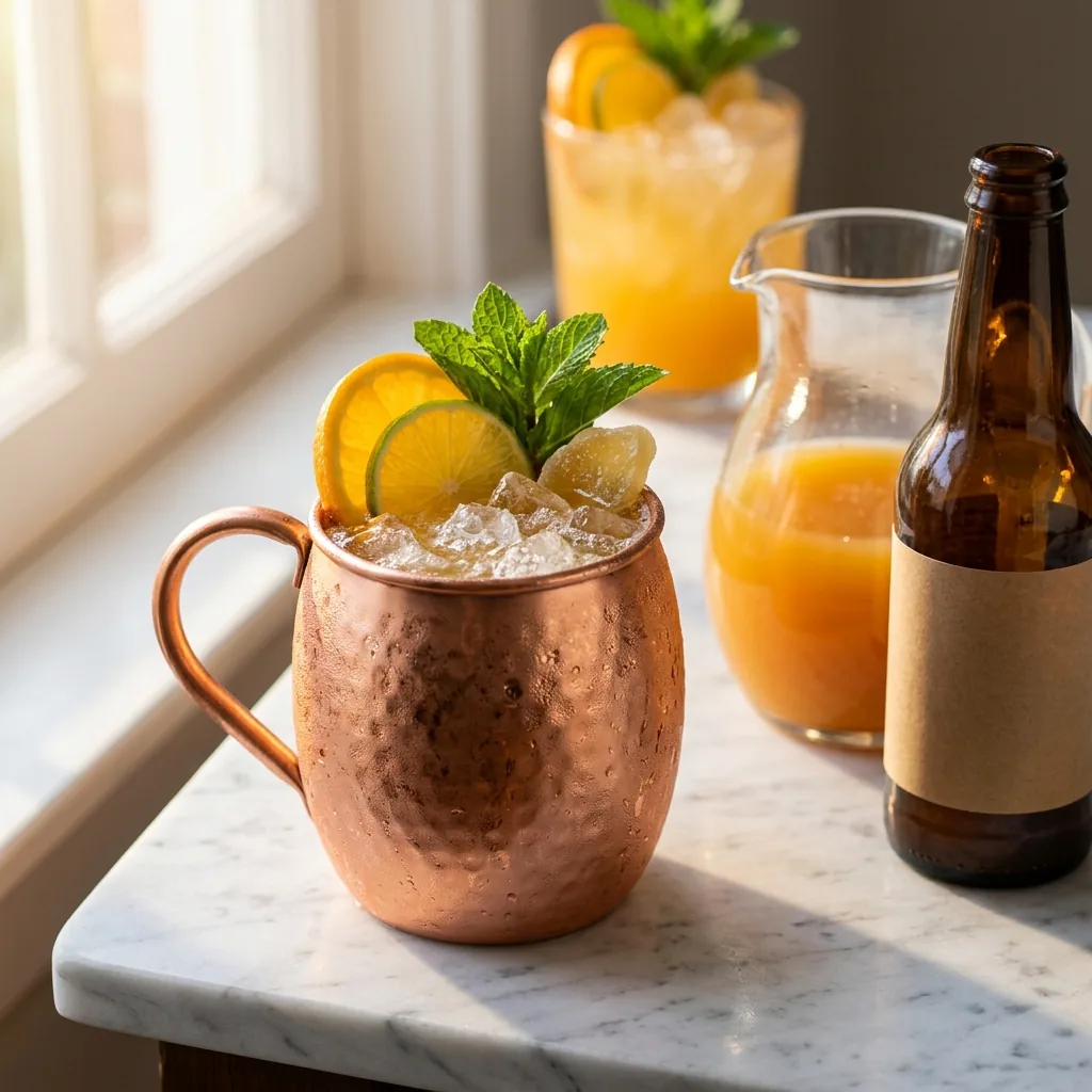 Two frosted copper mugs of Spiced Orange Mule beside a pitcher of citrus base and a bottle of ginger beer