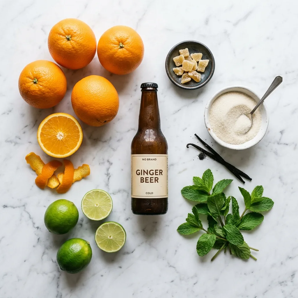 Spiced Orange Mule ingredients on marble: fresh oranges, limes, a vanilla bean, candied ginger, and bottled ginger beer