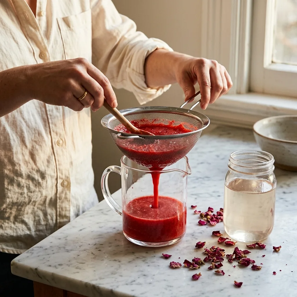 Strawberry purée being strained through a fine-mesh sieve into a pitcher beside a jar of rose simple syrup