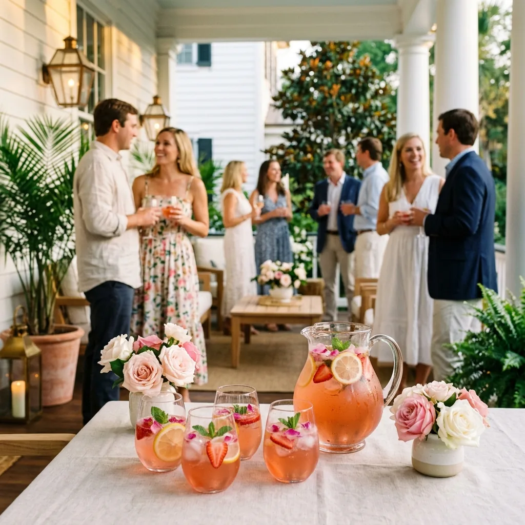 Blush Strawberry Rose Lemon Coolers on a flower-set estate garden table in spring, guests gathered behind