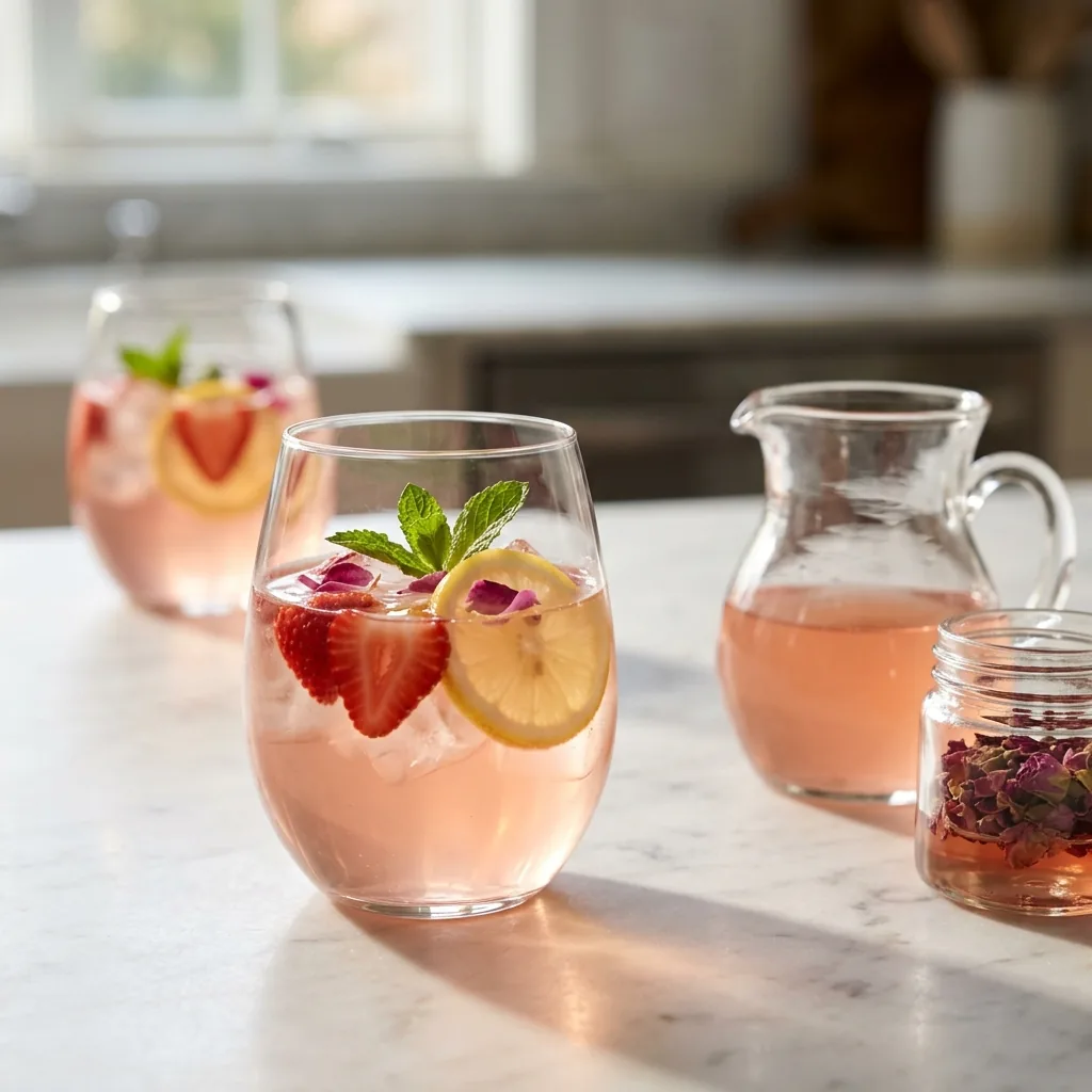 Two blush Strawberry Rose Lemon Coolers beside a pitcher garnished with strawberries, lemon wheels, and rose petals