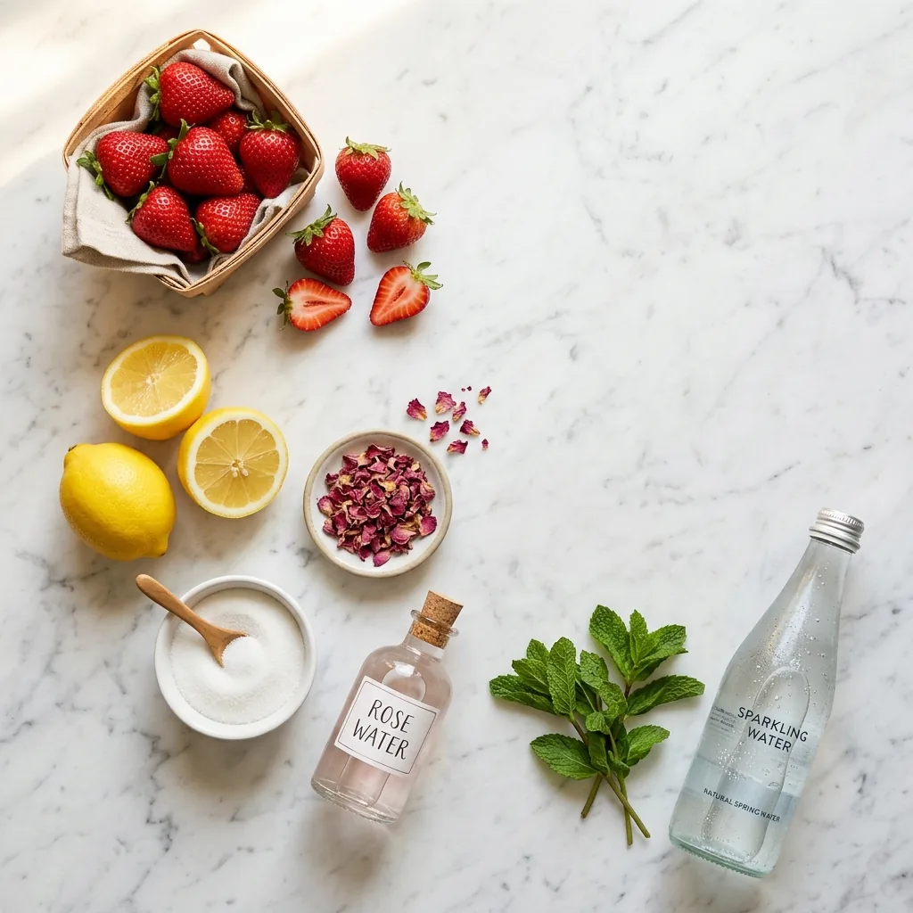 Strawberry Rose Lemon Cooler ingredients on marble: fresh strawberries, lemons, dried rose petals, sugar, and sparkling water